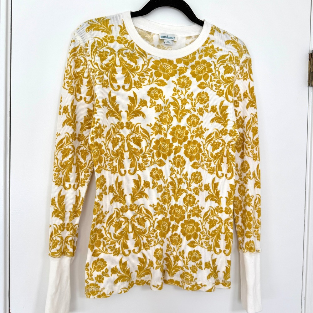 Sundance Womens Yellow Damask Floral Waffle Knit Thermal Top Button Cuff Medium - Picture 2 of 7